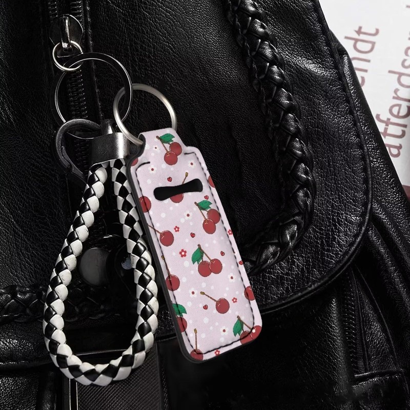 Baxinh Cherry Printed Chapstick Holder Keychain, Neoprene Chapstick Lip Balm