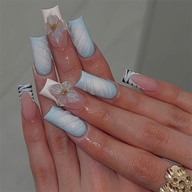 BABALAL Long Press on Nails Square Fake Nails Blue French Tip Glue on Nails 3d Texture Flower Design Acrylic Nails 24Pcs Squoval Full Cover Manicure Cheetah Gyaru Stick on Nails for Women Girls