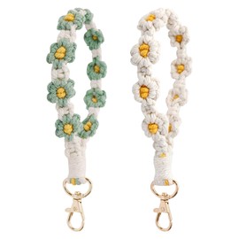 TNSLAND Pack of 2 Key Chains, Boho Keychain, Aesthetic Macrame Key Chain, Cute Daisy Bracelet, Car Braided Key Ring, Women Bag Pendant for Women and Girls, White + Green, White