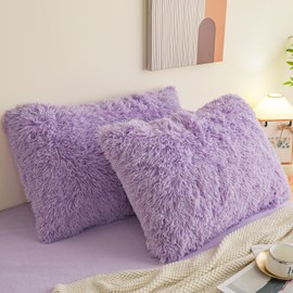 HAIHUA Faux Fur Fluffy Pillow Case, Soft Decorative Fuzzy Pillow Covers for Home Bedroom Living Room, Zipper Closure, Set of 2 (Standard 20"x 26", Lavender)