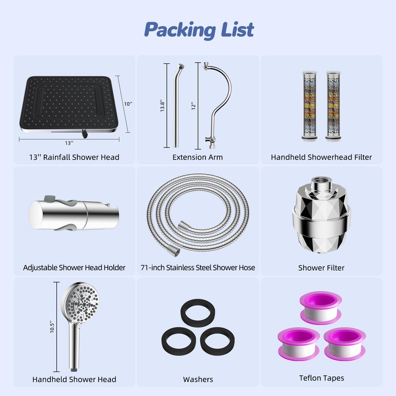 Hibbent 5-spray Filtered Rainfall Shower Head Combo, High Pressure 13''