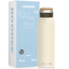 koodee 24oz FreeSip Insulated Stainless Steel Water Bottles with Straw,Quick Flip GO Bounce cup Thermo-flask,Pop & Fill Double-Wall Vacuum Bottle,Great for Sports & Travel,BPA-Free (Cream Cocoa)