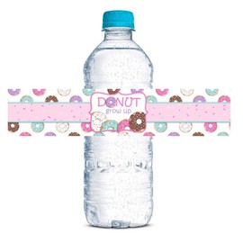 Donut Grow Up Themed Birthday Party Waterproof Water Bottle Sticker Wrappers for Girls, 20 1.75" x 8.5" Wrap Around Labels by AmandaCreation
