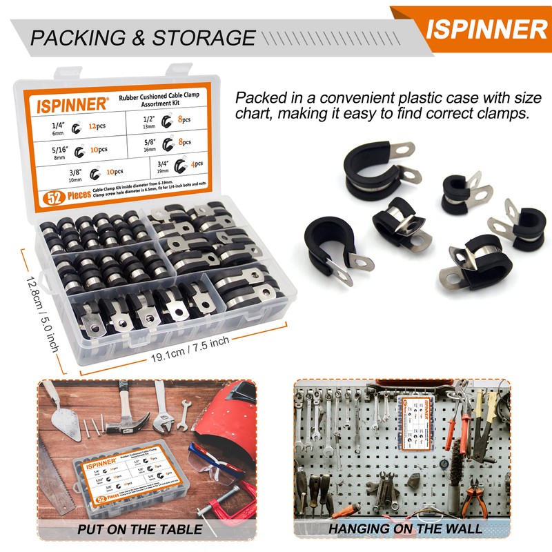 ISPINNER 52pcs Cable Clamps Assortment Kit, 304 Stainless Steel Rubber