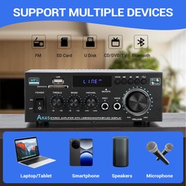Stereo Audio Amplifier 2 Channel, AK45 Bluetooth Hifi Amplifier Home Audio Amp, 300Wx2, w/FM & Karaoke, w/USB/SD/RCA/MIC/FM in, Remote Control, Speaker Amplifier- for TV, Home, Garage
