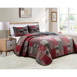 Rugs 4 Less Rustic Log Cabin Lodge Quilted Grey Charcoal Deep Red Reversible Plaid Bear Patchwork Bedspread Coverlet Bedding Set - Plaid Bear (Full Queen),Grey,red