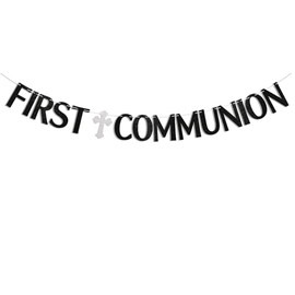 First Communion Banner - Christening Baptism Party Decorations, God Bless Decor, First Holy Communion Banner, Baby Baptism Baby Shower Party Decorations Black Glitter