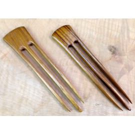 JWL (2) Teak Three Prong 6 Inch Straight Hair Stick Pick Pic Pin Fork - Hawaiian Style