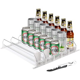 ONCHSH Drink Organizer for Fridge,Soda Can Drink Organizer for Refrigerator,Beer Pop Can Water Bottle Storage for Pantry,Width Adjustable Beverage Pusher Glide (White, 16.4"D - 5 Rows)