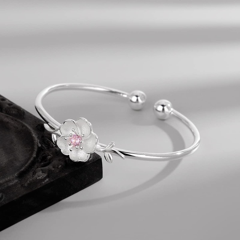Ganquya Sterling Silver Plated Pink CZ Cherry Blossoms Flower Women