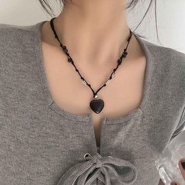 Inilbran Boho Acrylic Heart Choker Necklace Vintage Butterfly Rope Choker Necklace Black Love Heart Necklace Minimalist Heart Pendant Necklace Jewelry for Women and Girls