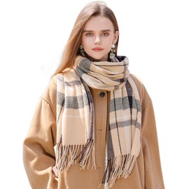 Longwu Women Scottish Tartan Multicolour Ladies Scarf and Shawl Wrap Cashmere Feel Winter Soft Warm Long Large Scarves,Gift for Women-Camel