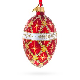 Diamond Trellis on Red Glass Egg Christmas Ornament 4 Inches