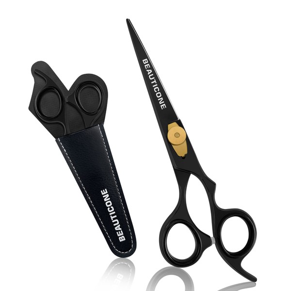 BEAUTICONE Hair Cutting Scissors | Professional Stainless Steel Barber Scissors/Shears | Hairdressing Scissors | Smooth & Sharp Edge Blades - Hair Scissors for Men/Women (Black)