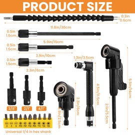 21Pcs Right Angle Drill Attachment Set Include 2Pcs Flexible Drill Bit Extension 3Pcs Rotatable Socket Adapter 2Pcs Hex Shank 105° Right Angle Attachment 10 Screwdriver Bits(COLOR:black)