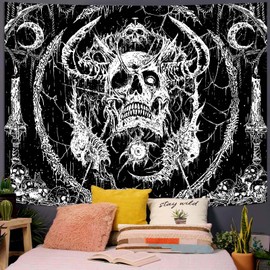 Lifeella Skull Tapestry, Gothic Horror Moon Skeleton Mystic Dark Tapestries for Bedroom Grunge Wall Hanging Black and White 60 x 80 inch