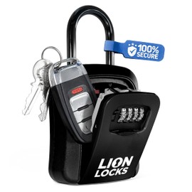 Lion Locks Lock Box for Keys - Lockbox for House Key, Lock Box with Combination for Real Estate, Car Keys - Hide a Key Lock Box for House Keys Waterproof Key Safe - Easy Installation, Black