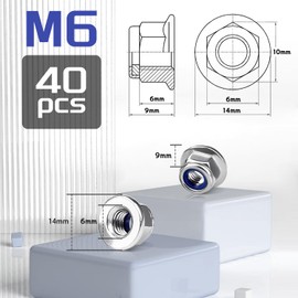 40pcs M6 Nylock Nuts, 6mm Locking Nuts, Stainless Steel Locking Nuts, Self Locking Nuts, Nylon Insert Lock Nuts, 304 Stainless Steel Hex Nuts