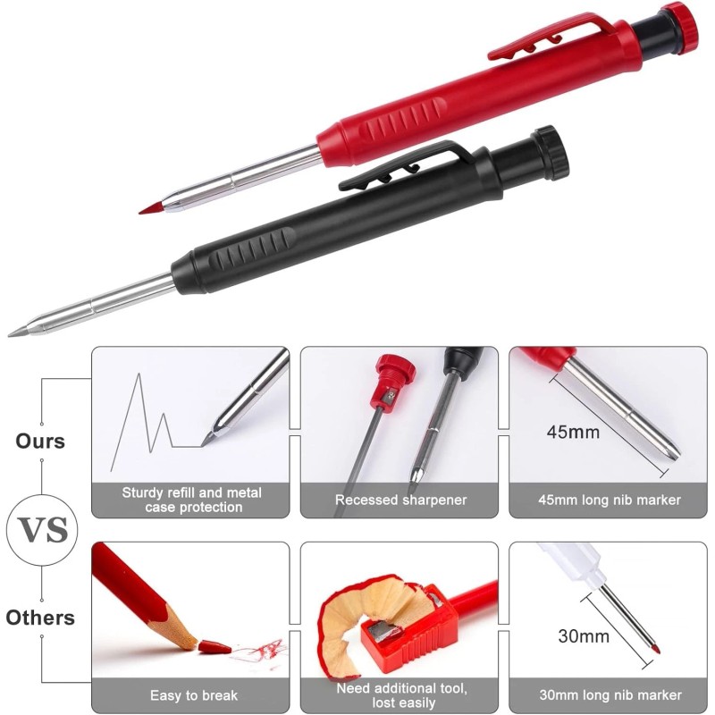 MECHEER 2 Pack Carpenter Mechanical Pencils with 12 Refills Built-in