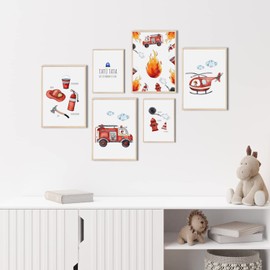 MeinBaby123® Children's Room Pictures, DIN A4 & DIN A5, Set of 6 Poster Set, Fire Engine, Firefighter, Decorative Children's Room Boy, Baby Room Decoration, Wall Poster Premium (Fire Brigade V6)