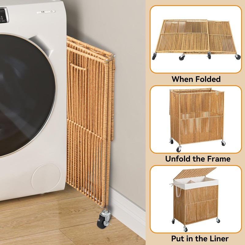 WOWLIVE Laundry Hamper with Wheels, Handwoven Rolling Laundry Basket with