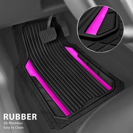 CAR PASS Heavy Duty Rubber Car Mats Metallic, Aluminum Film All Weather Floor Mats Waterproof Universal Trim to Fit for SUVs Sedans Vans 4 Piece Anodized Deep Dish Two-Tone Sporty Black Pink Chrome
