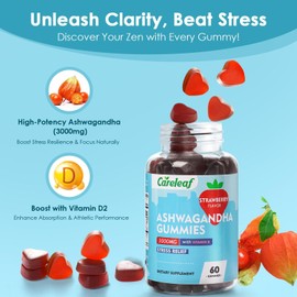 careleaf Vegan Ashwagandha Gummies-3000mg High Potency Ashwagandha Root Extract with Vitamin D2 | Strawberry Flavor | 60 Cts/Bottle