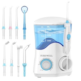 TUREWELL Irrigador dental de agua para dientes/aparatos ortopédicos, limpiador de dientes de agua, 8 puntas de chorro y 10 niveles de presión, tanque de agua grande de 600 ml para la familia (blanco)