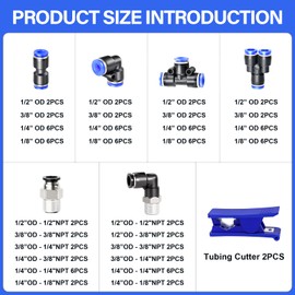 TAILONZ PNEUMATIC 1/4" 3/8" 1/2" 1/8" Push to Connect Fittings Air Hose Fittings,Threaded Connection Kits, Suitable for Nylon Tube PU Tube Air Tube and Other Connection Kits（Pack of 98）