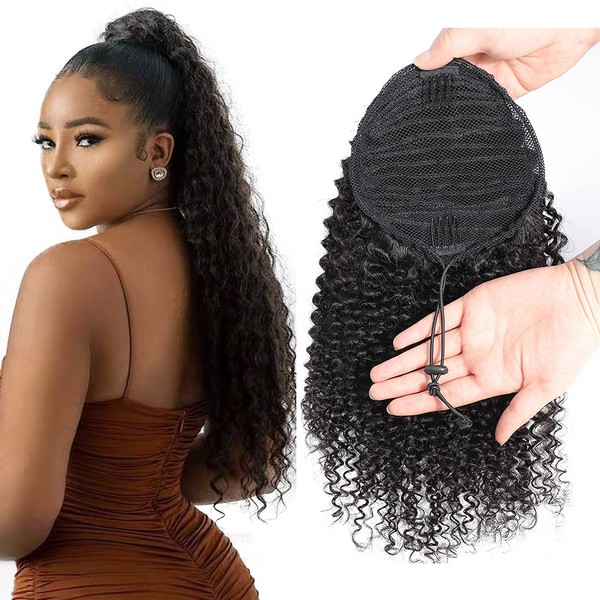 Curly Human Hair Ponytail with Wrap Drawstring 3C Brazilian Hair Weave Natural Color Afro Kinky Curly Hair Piece Clip-in Extensions Hair Pieces for Women (18 Inch, Curly)