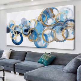 Suconvng Canvas Wall Art Decor Artwork Modern Paintings Abstract Wall Decor Maximalist Blue Gold Circle Abstract Wall Art Prints Picture For Bedroom Kitchen Office Artwork Ready To Hang 20" × 40"