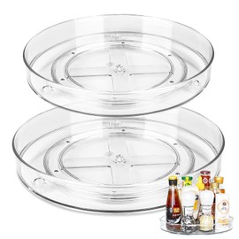 Fridge Turntable, Pack of 2 Lazy Susan Turntable Fridge Organiser, Transparent Turntable for Kitchen Cabinet, 360 Degree Kitchen Rotating Spice Holder, Cabinet Organiser (Large + Small)