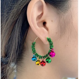 Colorful Jingle Bells Hoop Earrings Christmas Ornament Wreath Drop Dangle Earring Fashion Xmas Festive Holiday Party Jewelry for Women Gifts New Year (Green)