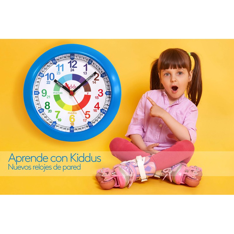 KIDDUS ESPAÑOL Azul Children's Wall Clock Analogue Time Teacher with