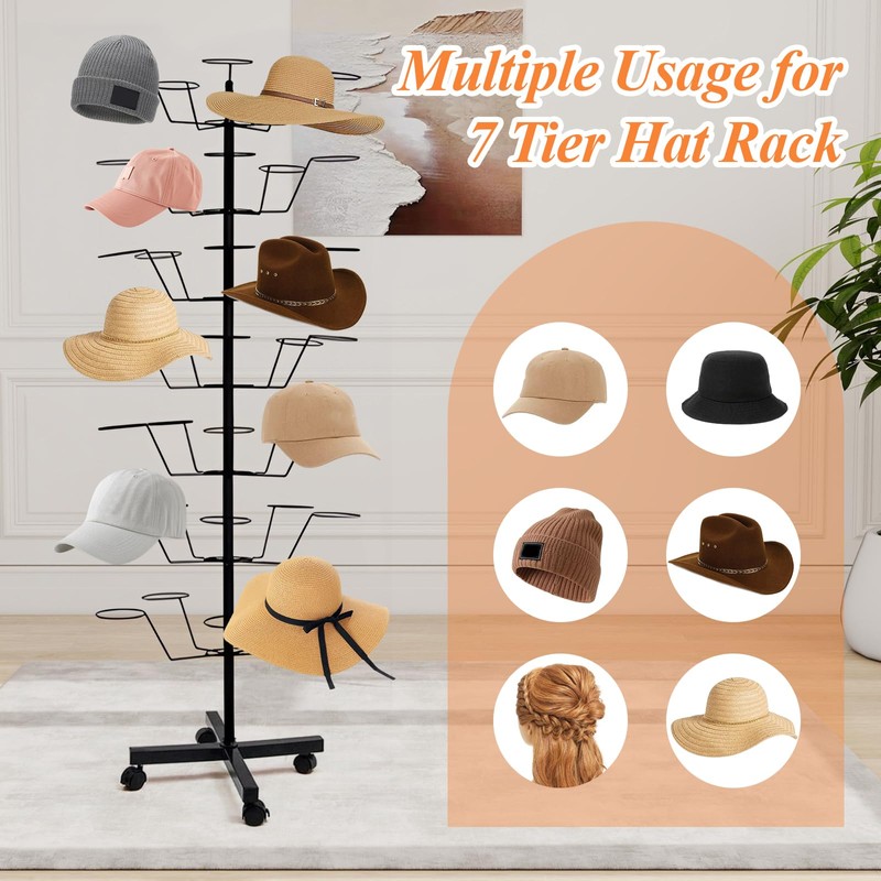 uyoyous 7-Tier Rotating Hat Rack, Freestanding Hat Display Stand with