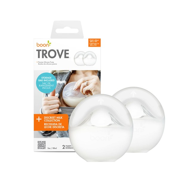 Boon TROVE Silicone Manual Breast Pump with Travel Pouch - Hands Free Breast Pump - Passive Breast Milk Collector Shell for Newborns - Breastfeeding Essentials - 2 Count Clear B11531