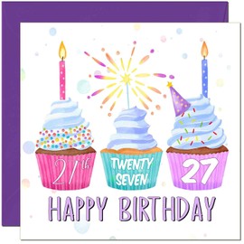 27th Birthday Card for Women Cute Cupcake Birthday Card for 27 Year old Girl Friend Sister Daughter Mum Aunt twenty seven, twenty seventh cousin Niece