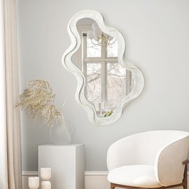 Glitzhome 32''H Irregular Wall Mirror, Wash White Asymmetrical Bathroom Mirror, Wood Frame Decorative Vanity Mirrors for Bedroom Living Room Entryway