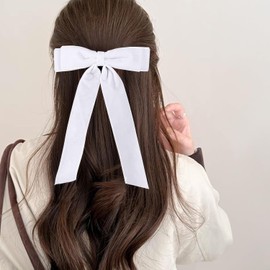 Velvet Bow Decor Hair Clips Handmade Long Tail Velvet Ribbon Hair Pins for Women Girls Mom Ponytail Holder Styling Accessories Bridal Wedding Headpiece (White, One size)