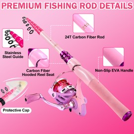 Castaroud Carbon Fiber Pink Fishing Rod and Reel Combos, Lady Telescopic Fishing Pole Kit with Spinning Fishing Reel Tackle Box for Womens Fishing Pole or Girls Fishing Pole