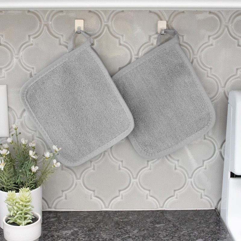 100% Cotton Terry Pot Holders for Kitchen, 2-Pack, 8.5"x8.25" Titanium