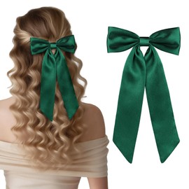 WantGor Long Tail Bow Hair Clips, Hair Ribbon Bows Satin Bowknot Clip Large Hair Barrettes Cute Ponytail Holder Hair Accessories for Women Daily Party Wedding Prom (Green)