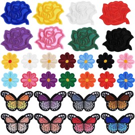 30 Pcs Embroidered Patches - 8 Butterfly, 14 Daisy, 8 Rose Iron On & Sew On Appliques for DIY Clothes, Backpacks, Jackets, Shoes