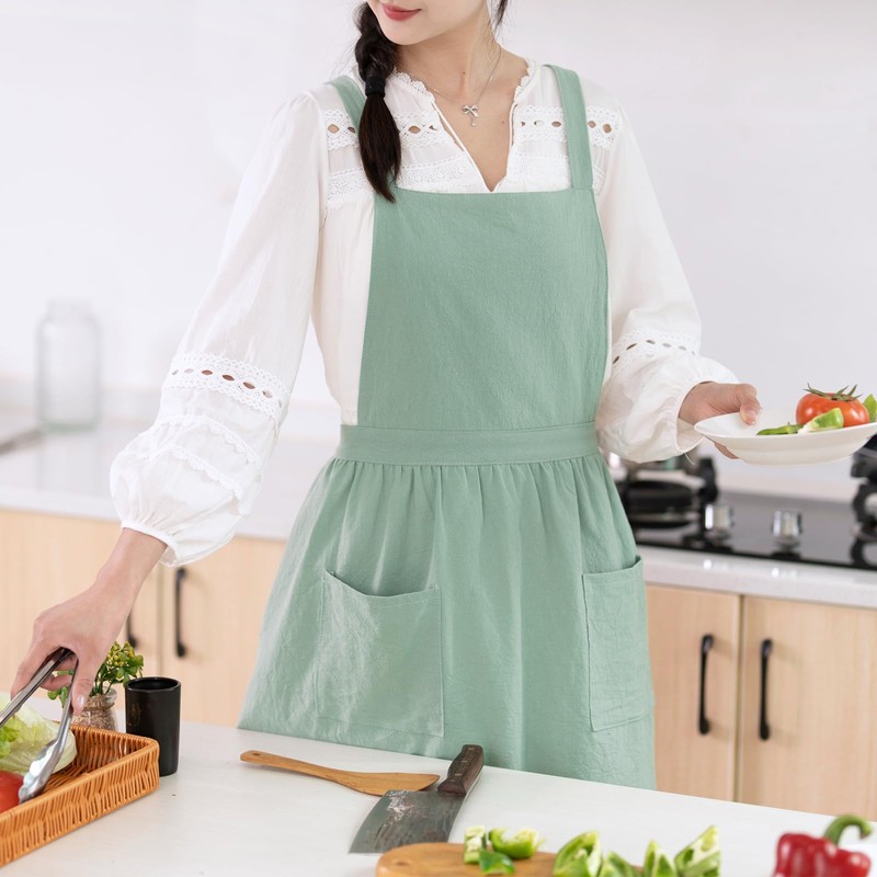Pinknoke Cotton Linen Pinafore Apron Dress for Women with Pockets