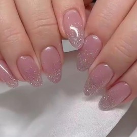 KQueenest Glitter Pink French Press on Nails Medium, French Fake Nails with Bling Design, Medium Almond Acrylic Nails Glitter Sequins Full Cover Glossy Round Stick on Nails for Women 24Pcs