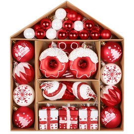 Christmas Tree Ball Ornaments Set, 49 ct Red White Desserts Theme Xmas Assorted Ornament, Shatterproof Decorative Hanging Ball Ornaments for Party Wedding Christmas Tree Decoration