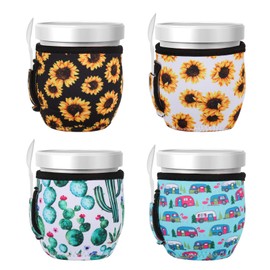 Ice Cream Sleeve Pint Hugger with Spoon Holder, 4 Pieces Sunflower Cactus RV Pattern Ice Cream Cozy Neoprene Cover for Mother's Day Valentine's Day Gifts