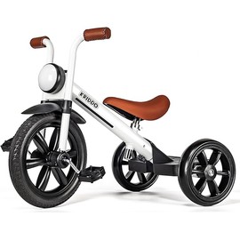 KRIDDO Kids Tricycle, 12 Inch Puncture Free Wheel w Front Light, Adjustable Seat Height, Gift for 2-5 Year Olds, White