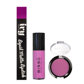 Kit Maquillaje Incluye Rubor Liquido, Rubor en Polvo Bissu y Labial Liquido Mate Indeleble de Larga Duracion | 5 Tonos Disponibles (Jacaranda)