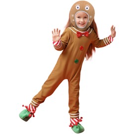 Fourluoo Gingerbread Man Costume for Kids Christmas Home Clothing Gingerbread Outfit Winter Bodysuit Hooded(Boys,7-9 Years)